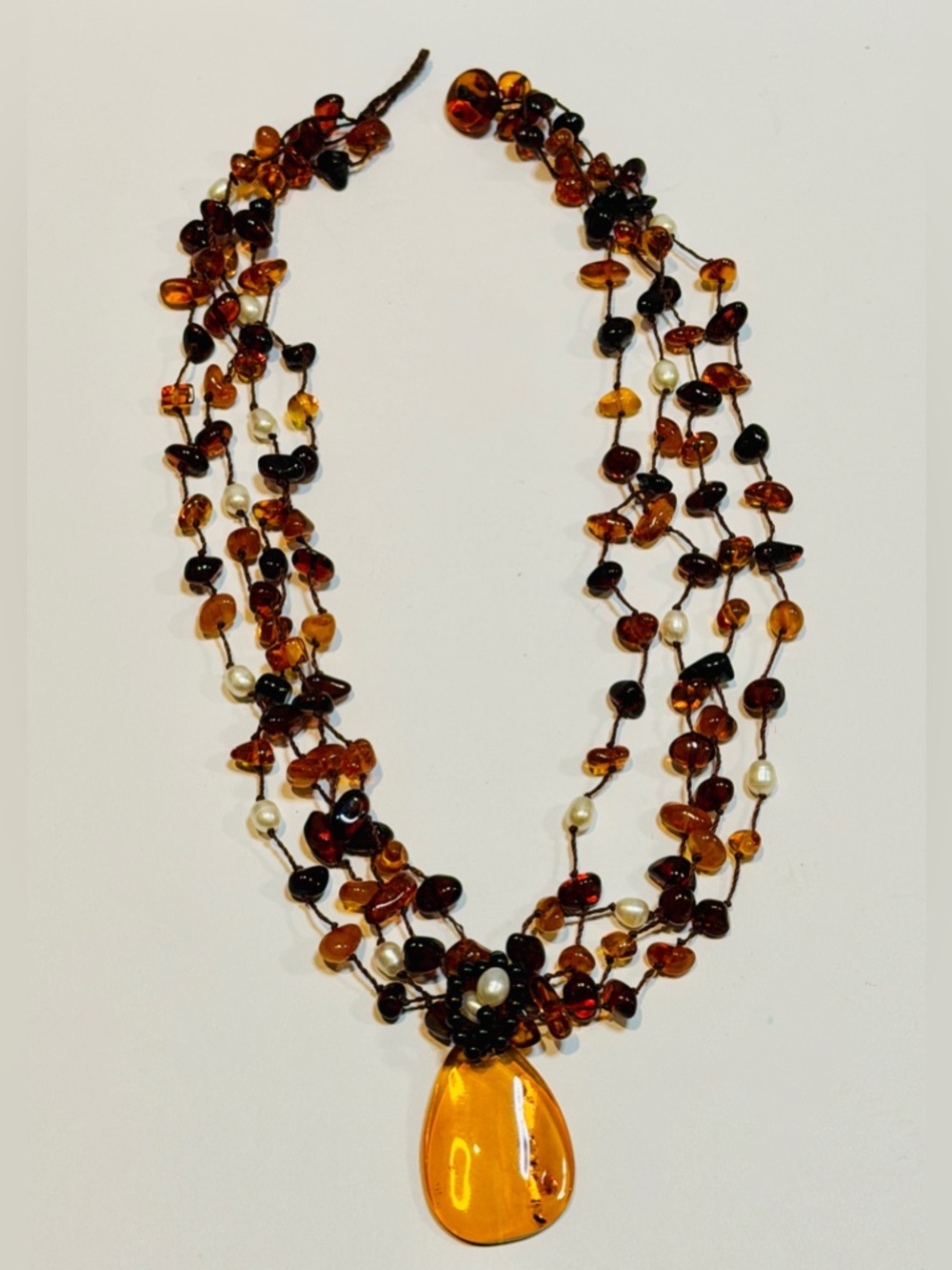 Boho Multi Strand Amber Necklace w/ Large Pendant Statement Piece - Picture 4 of 7